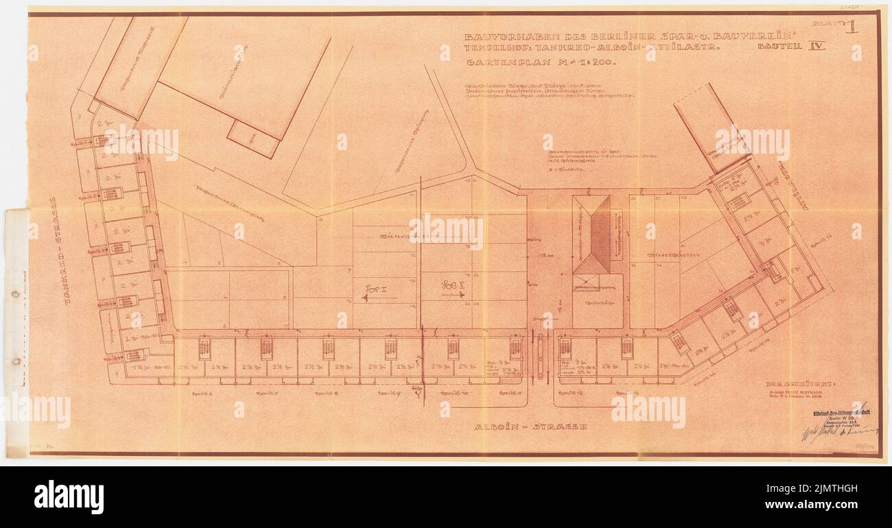 Hoffmann Franz, insediamento Attilahöhe, Berlino-Tempelhof (1936): Tankredstraße, Alboinstraße, Attilastraße: Pianta del sito e pianta del giardino 1: 200. Rottura leggera su carta, 55,5 x 106,1 cm (compresi i bordi di scansione) Hoffmann Franz (1884-1951): Siedlung Attilahöhe, Berlin-Tempelhof Foto Stock