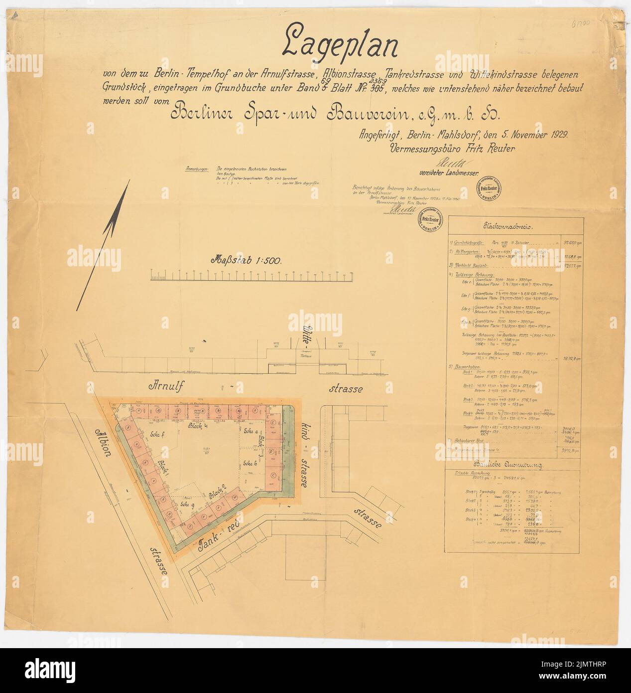 Hoffmann Franz, insediamento Attilahöhe, Berlino-Tempelhof (1936): Arnulfstraße, Wittekindstraße, Alboinstraße, Attilastraße: Pianta del sito. Light break color acqua su carta, 90,4 x 88,1 cm (compresi i bordi di scansione) Hoffmann Franz (1884-1951): Siedlung Attilahöhe, Berlin-Tempelhof Foto Stock