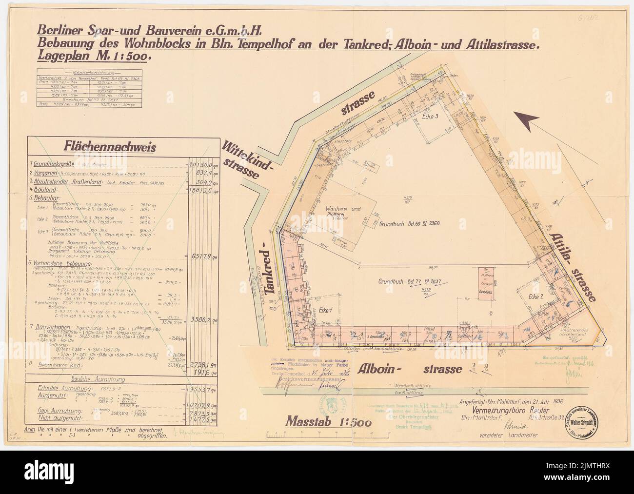 Hoffmann Franz, Siedlung Attilahöhe, Berlin-Tempelhof (1936): Tankredstraße, Alboinstraße, Attilastraße: Pianta del sito e rilevamento del territorio. Matita, matita colorata, inchiostro colorato, acquerello, a rottura su carta, 51,9 x 73 cm (compresi i bordi di scansione) Hoffmann Franz (1884-1951): Siedlung Attilahöhe, Berlin-Tempelhof Foto Stock