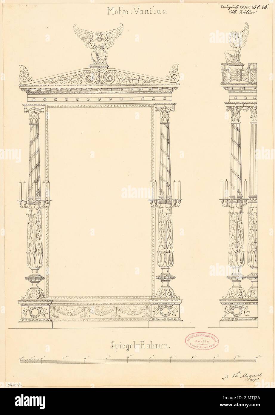 Ziller Hermann (1843-1915), telaio a specchio. Concorso mensile nel mese di agosto 1870 (08,1870): Vista frontale RISS, vista laterale; barra di scala. Inchiostro su carta, 47,8 x 33,9 cm (compresi i bordi di scansione) Ziller Hermann (1843-1915): Spiegelrahmen. Monatskonkurrenz 1870 agosto Foto Stock