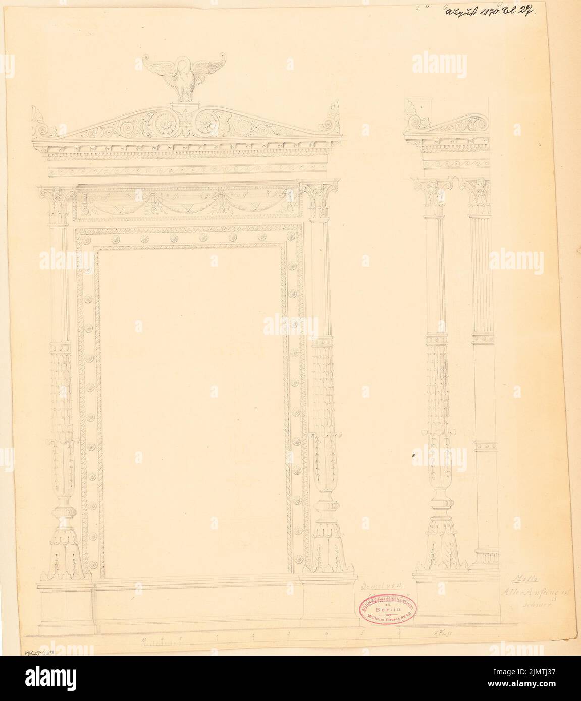 architetto sconosciuto, telaio a specchio. Concorso mensile nel mese di agosto 1870 (08,1870): Vista frontale RISS, vista laterale; barra di scala. Matita su cartone, 47,4 x 42 cm (compresi i bordi di scansione) N. : Spiegelrahmen. Monatskonkurrenz 1870 agosto Foto Stock