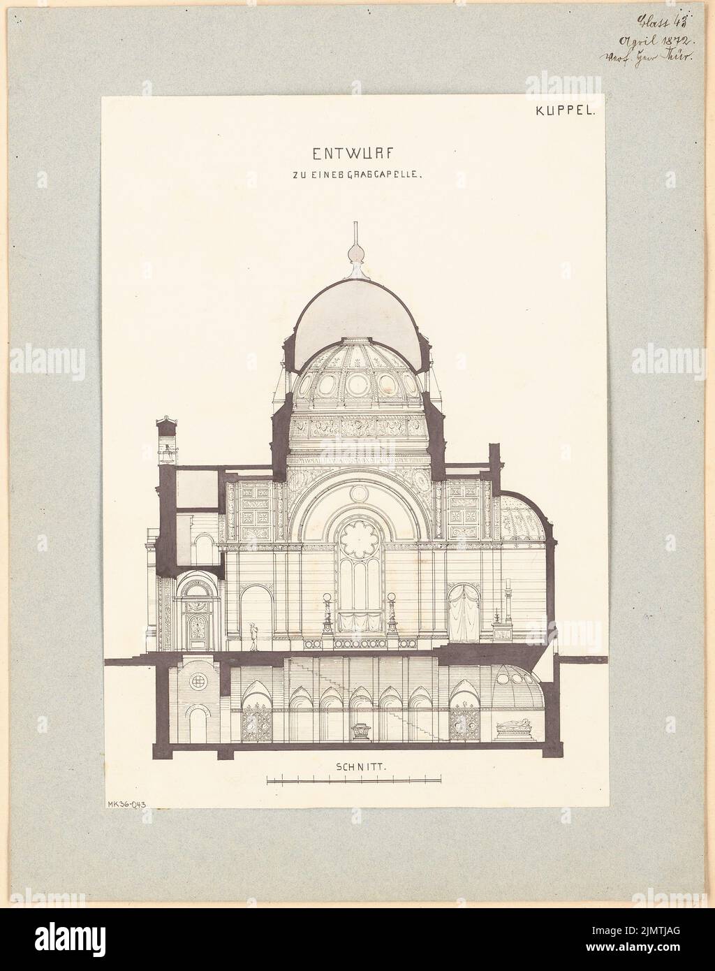 Thür Georg (1846-1924), cappella della tomba. Concorso mensile Aprile 1872 (04,1872): Sezione trasversale; barra di scala. Acquerello Tusche su carta, 46,5 x 36,6 cm (compresi i bordi di scansione) Thür Georg (1846-1924): Grabkapelle. Monatskonkurrenz Aprile 1872 Foto Stock