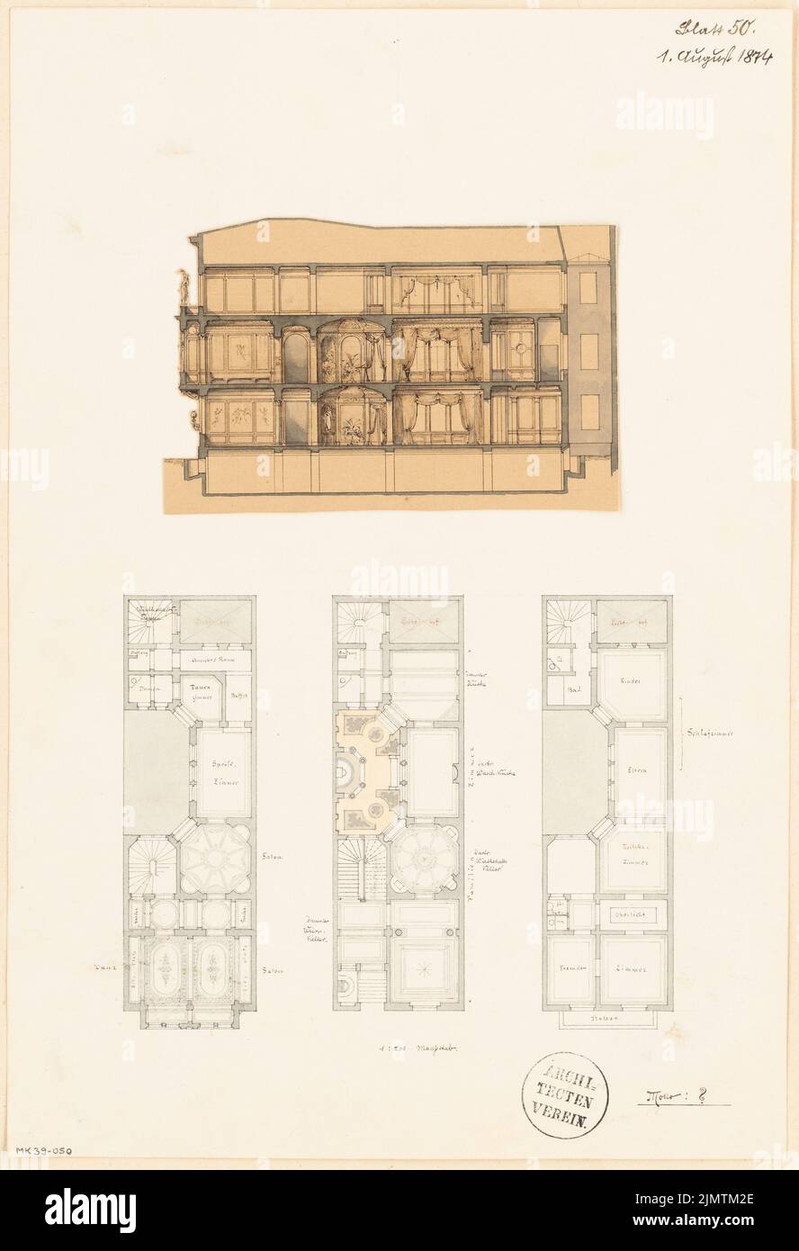 Architetto sconosciuto, casa di famiglia borghese. Concorso mensile Agosto 1874 (08,1874): Piano Keller, piano terra, piano superiore, sezione longitudinale 1: 200. Acquerello Tusche sulla scatola, 44,7 x 30,6 cm (compresi i bordi di scansione) N. : Bürgerliches Einfamilienwohnhaus. Monatskonkurrenz 1874 agosto Foto Stock