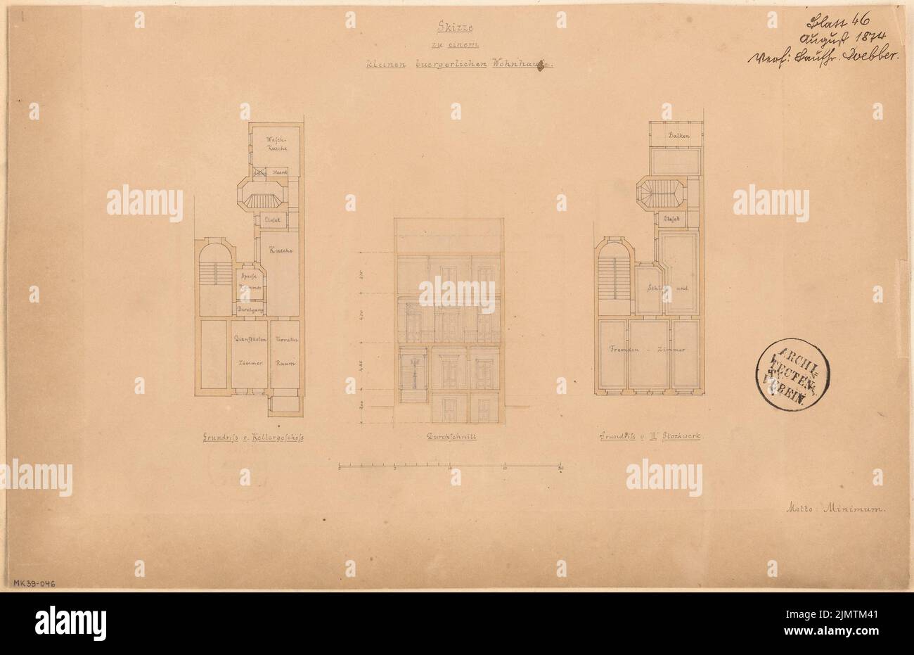 Doebber Adolf (1845-1920), casa di famiglia borghese. Concorso mensile 1874 agosto (08,1874): Piano Keller, 2nd piano, sezione trasversale; barra di scala. Inchiostro e matita acquerello sulla scatola, 26,9 x 41,6 cm (compresi i bordi di scansione) Doebber Adolf (1845-1920): Bürgerliches Einfamilienwohnhaus. Monatskonkurrenz 1874 agosto Foto Stock