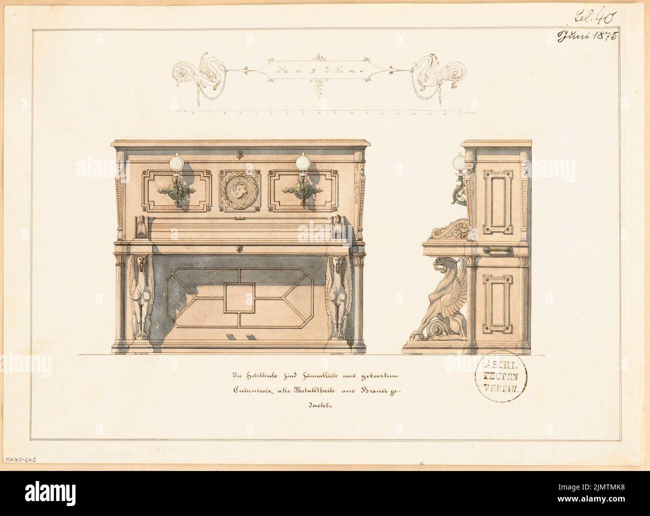 Architetto sconosciuto, Pianino. Concorso mensile 1875 giugno (06,1875): Vista frontale superiore, vista laterale; barra di scala, testo esplicativo. Acquerello Tusche su carta, 29,7 x 41 cm (compresi i bordi di scansione) N. : Pianino. Monatskonkurrenz Juni 1875 Foto Stock