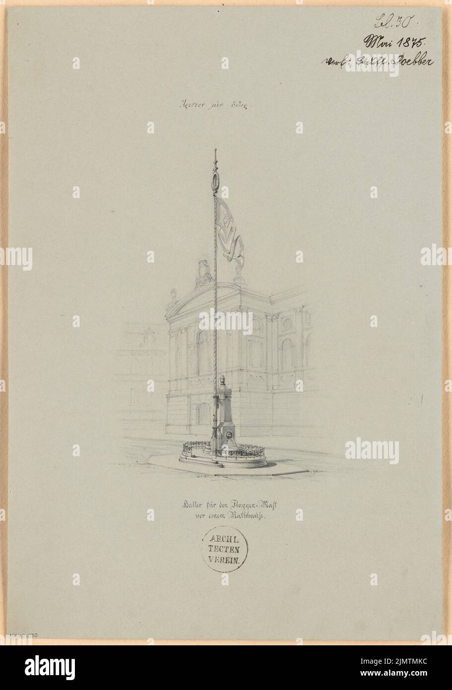 Doebber Adolf (1845-1920), supporto per un palo di bandiera. Concorso mensile Maggio 1875 (05,1875): Visualizza. Matita acquerello e bianca sul cartone, integrato con inchiostro, 45,5 x 31,9 cm (compresi i bordi di scansione) Doebber Adolf (1845-1920): Halter für einen Flaggenmast. Monatskonkurrenz mai 1875 Foto Stock