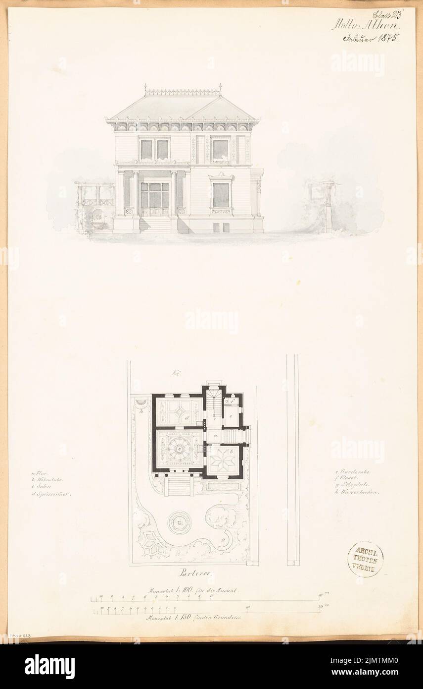 Architetto sconosciuto, villa. Concorso mensile Febbraio 1875 (02,1875): Pianta del sito con pianta del pavimento 1: 150, vista frontale a strappo 1: 100; strisce in scala 2. Acquerello Tusche su carta, 58,6 x 38,6 cm (compresi i bordi di scansione) N. : Villa. Monatskonkurrenz Febbraio 1875 Foto Stock