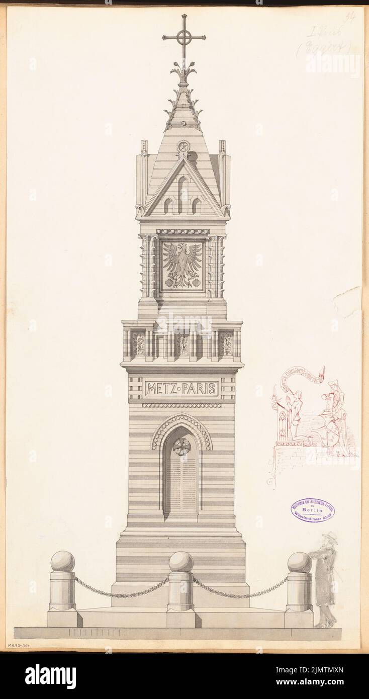 Eggert Hermann (1844-1920), monumento a Stendal. Concorso mensile Marzo 1875 (03,1875): Vista frontale RISS. Acquerello Tusche sulla scatola, 58,9 x 33,3 cm (compresi i bordi di scansione) Eggert Hermann (1844-1920): Gefallenendenkmal, Stendal. Monatskonkurrenz März 1875 Foto Stock