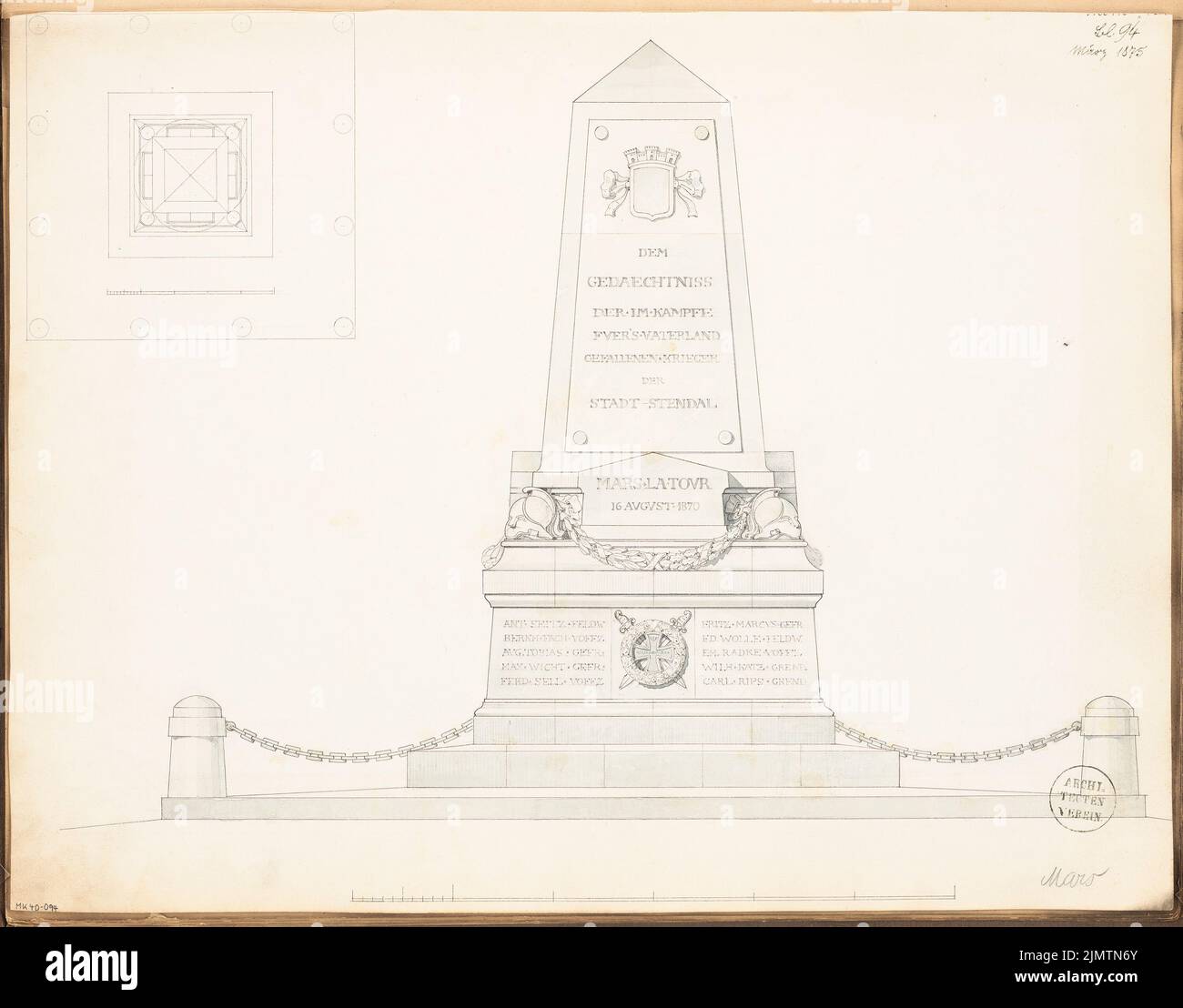 Sconosciuto architetto, un monumento caduto a Stendal. Concorso mensile Marzo 1875 (03,1875): Pianta del pavimento, vista frontale ancestria; 2 strisce di scala. Acquerello Tusche su carta, 46 x 58,7 cm (compresi i bordi di scansione) N. : Gefallenendenkmal, Stendal. Monatskonkurrenz März 1875 Foto Stock