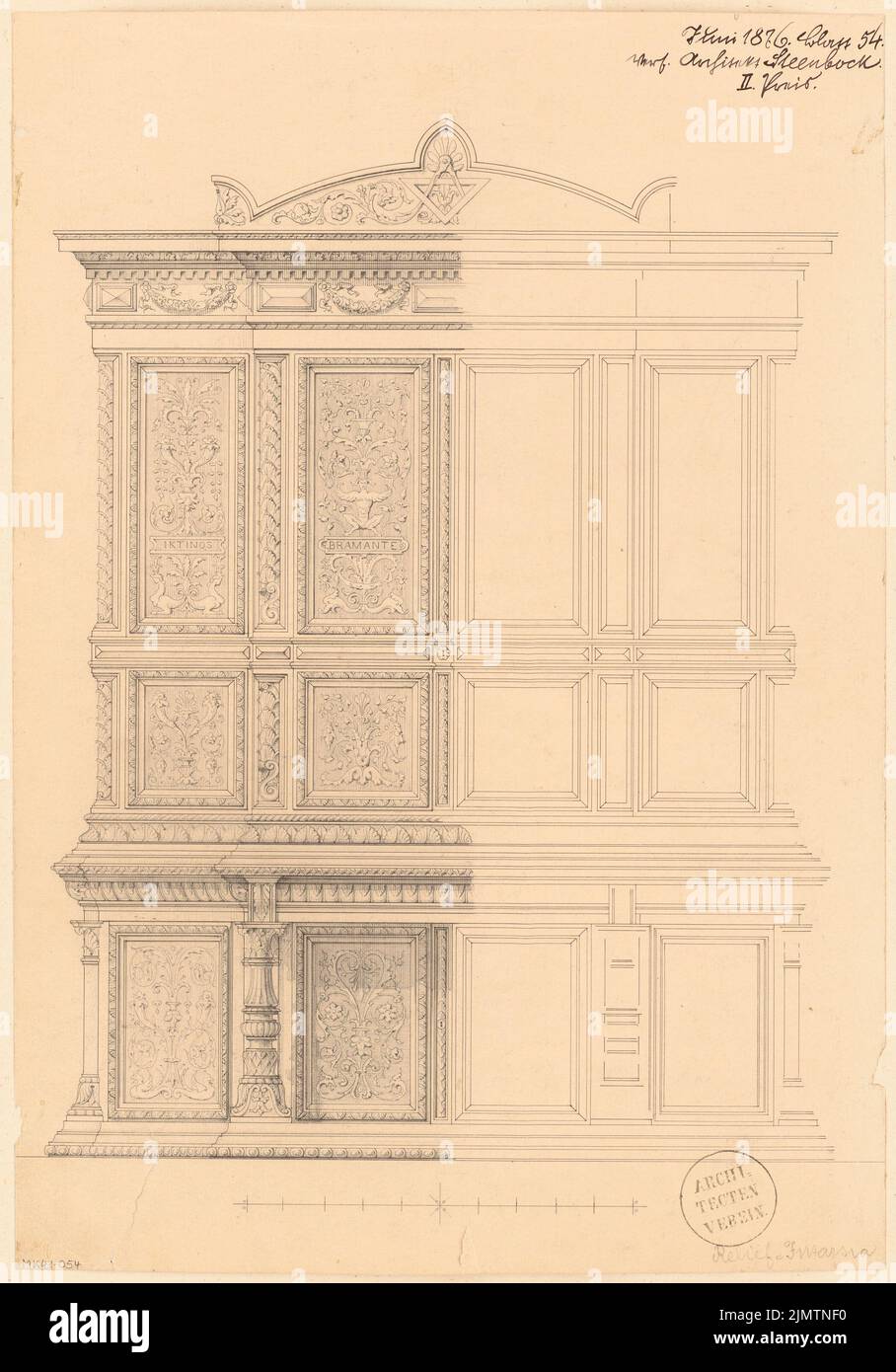 Steenbock Ernst (1850-1878), libreria. Concorso mensile 1876 giugno (06,1876): Vista frontale RISS; barra di scala. Inchiostro e matita su cartone, 44 x 30,8 cm (compresi i bordi di scansione) Steenbock Ernst (1850-1878): Bücherschrank. Monatskonkurrenz Juni 1876 Foto Stock