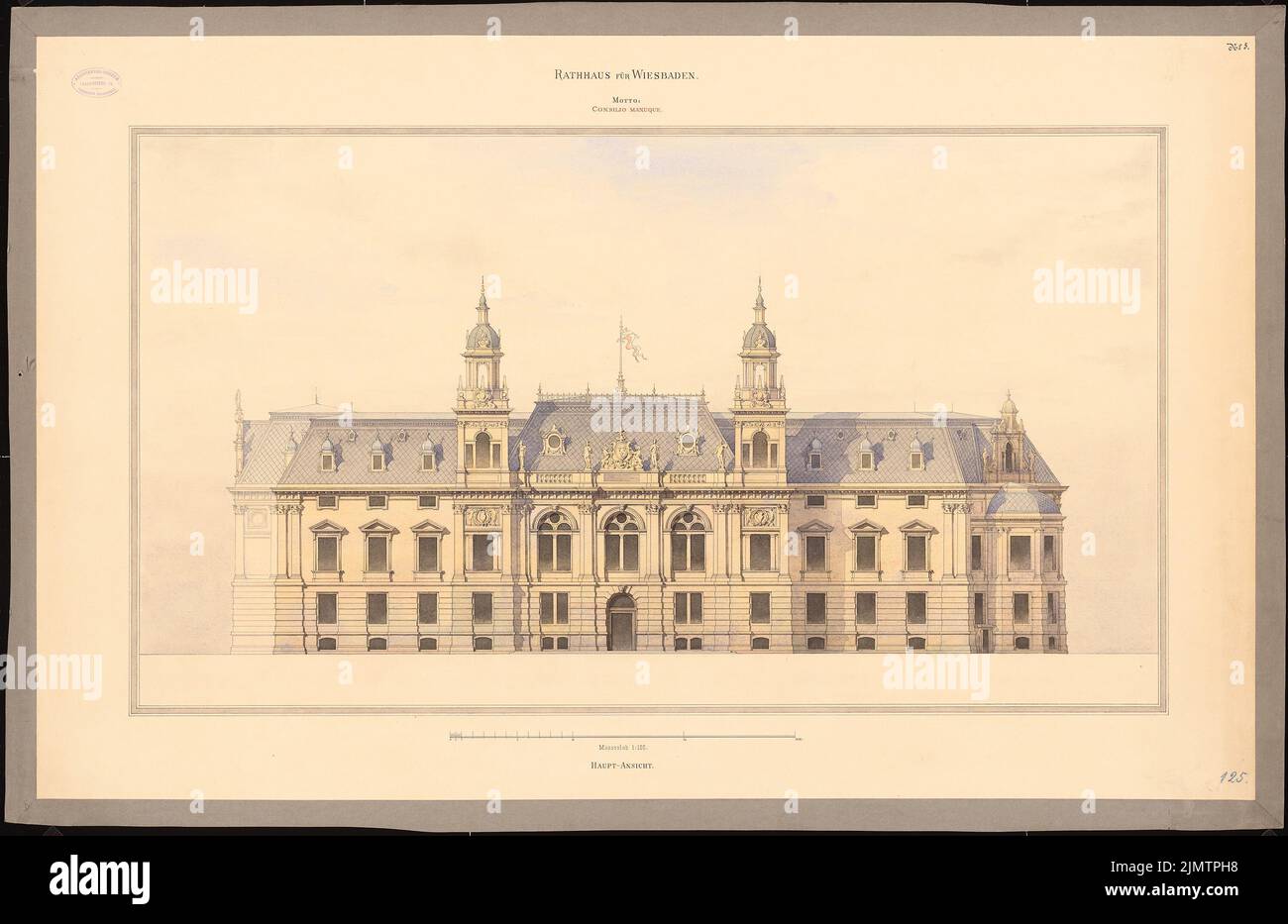 Sommer Oscar (1840-1894), municipio di Wiesbaden (1882): Vedere 1: 100. Acquerello Tusche sulla scatola, 75 x 115,6 cm (compresi i bordi di scansione) Sommer Oscar (1840-1894): Rathaus, Wiesbaden Foto Stock