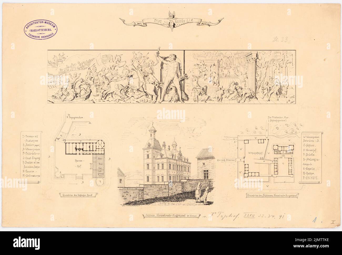 TOPHOF F., Castello di Nesselrode-Hugenpoet a Mintard. Castello di Horst, Gelsenkirchen (senza data): Pianta e vista prospettica, Kaminfries. Inchiostro su cartone, 31,1 x 46,2 cm (compresi i bordi di scansione) Tophof Franz Xaver (1847-1907): Schloss Nesselrode-Hugenpoet, Essen. Schloss Horst, Gelsenkirchen Foto Stock