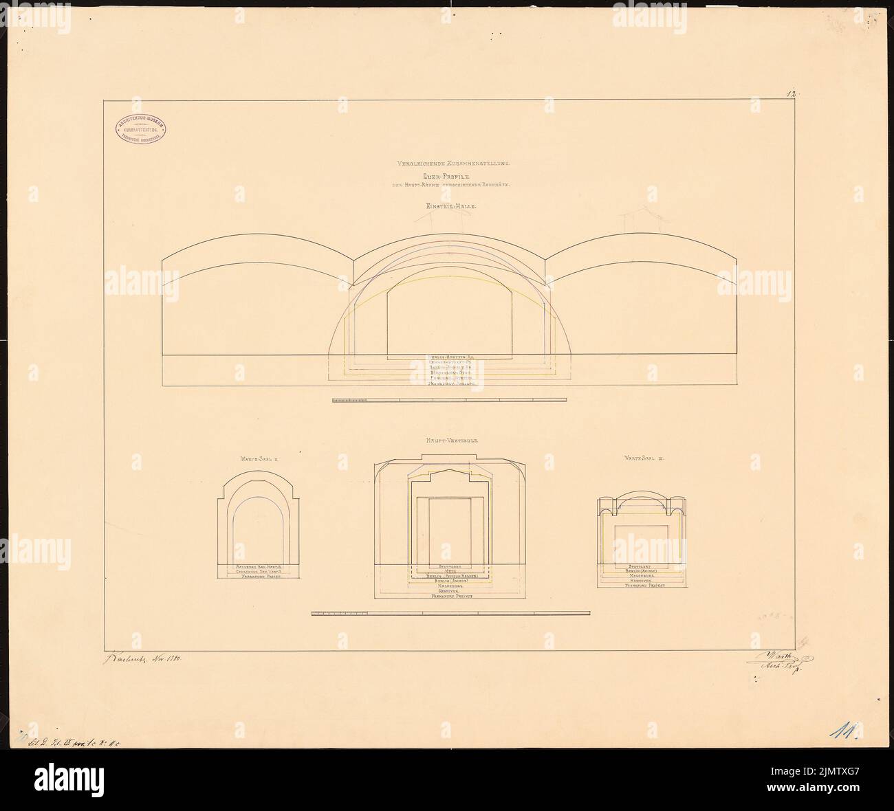 Warth otto (1845-1918), Stazione Centrale di Francoforte sul meno (1880): Confronto dimensioni con varie stazioni ferroviarie. Inchiostro colorato su cartone, 67,2 x 80,1 cm (compresi i bordi di scansione) Warth otto (1845-1918): Hauptbahnhof, Francoforte sul meno Foto Stock