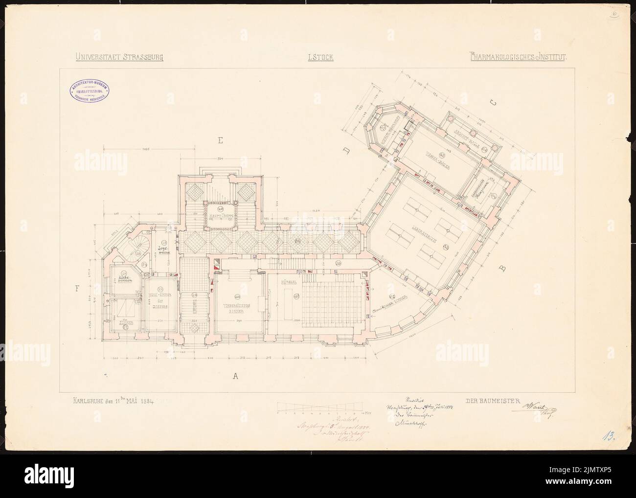 Warth otto (1845-1918), Istituto farmacologico dell'Università Kaiser Wilhelm di Strasburgo (1884): Grundriss 1st piano. Inchiostro colorato, acquerello su cartone, 52 x 72,8 cm (compresi i bordi di scansione) Warth otto (1845-1918): Pharmakologisches Institut der Kaiser-Wilhelm-Universität Straßburg Foto Stock