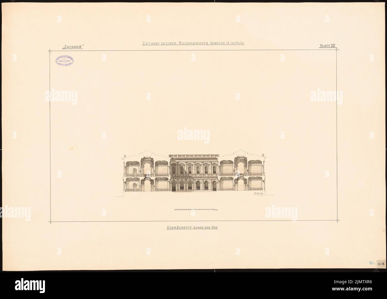 Warth otto (1845-1918), Reichsgericht di Lipsia (1885): Sezione trasversale attraverso il cortile. Acquerello Tusche sulla scatola, 70,2 x 99,8 cm (compresi i bordi di scansione) Warth otto (1845-1918): Reichsgericht, Lipsia Foto Stock