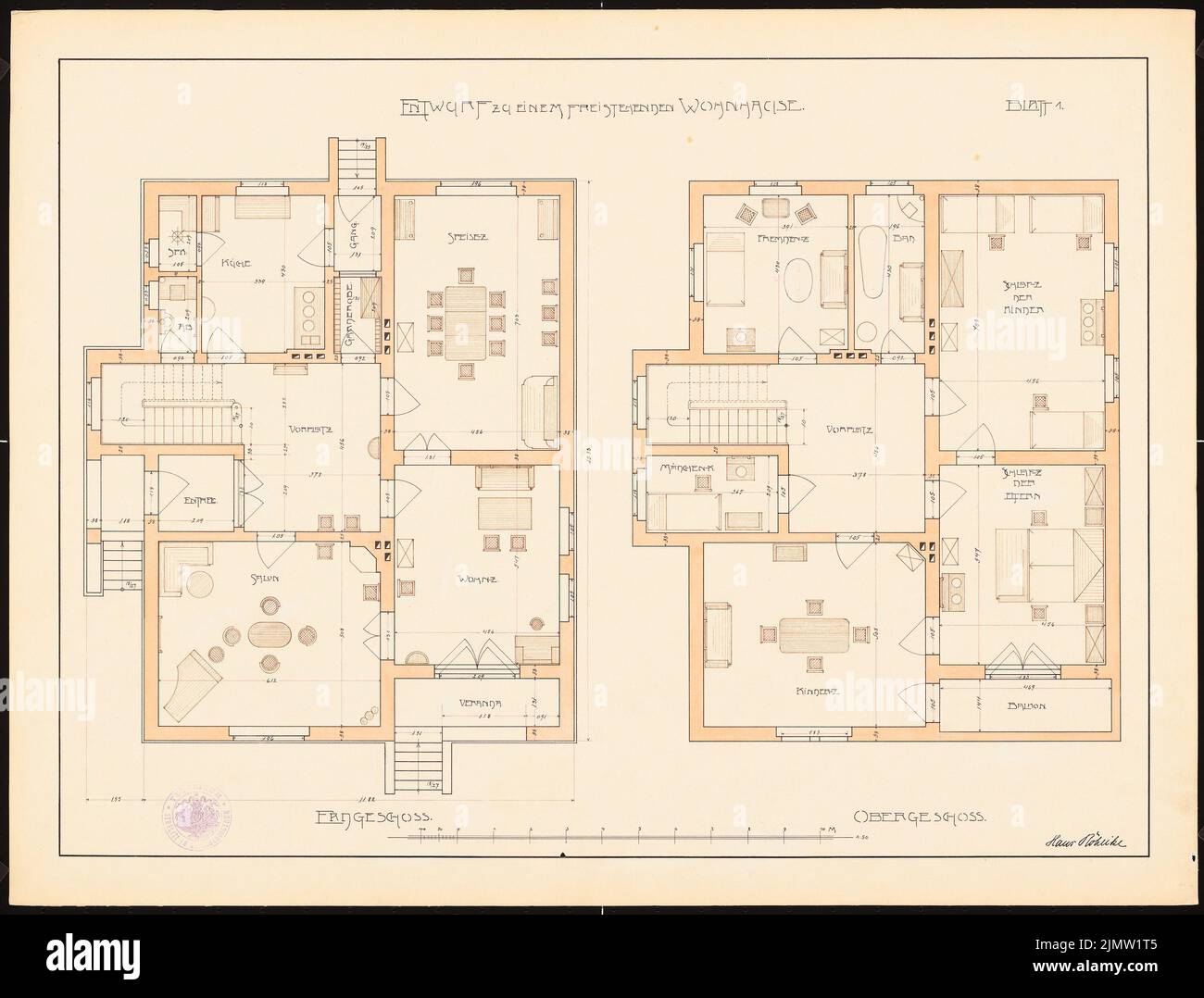 Röhlike Hans, progetto in un edificio residenziale indipendente (senza data): Piano terra, piano superiore, 1:50. Acquerello Tusche sulla scatola, 50,3 x 66,2 cm (compresi i bordi di scansione) Röhlike Hans : Entwurf zu einem freistehenden Wohnhaus Foto Stock