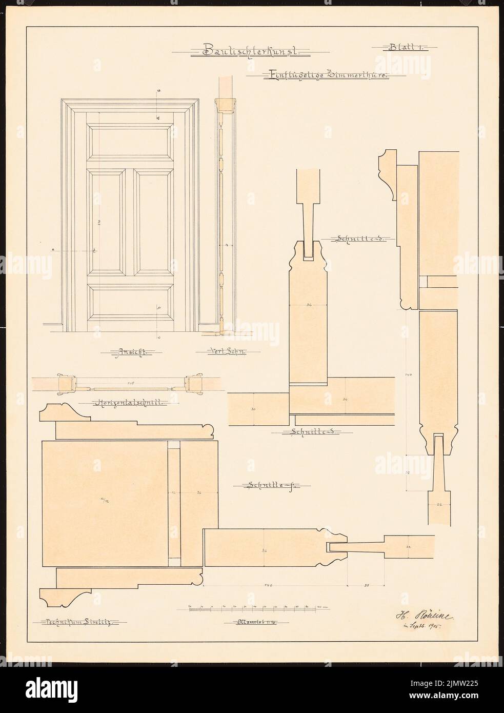 Röhlike Hans, Building Kunst (09,1905): Detail, 1:10. Acquerello Tusche sulla scatola, 63,4 x 47,9 cm (compresi i bordi di scansione) Röhlike Hans : Bautischlerkunst Foto Stock