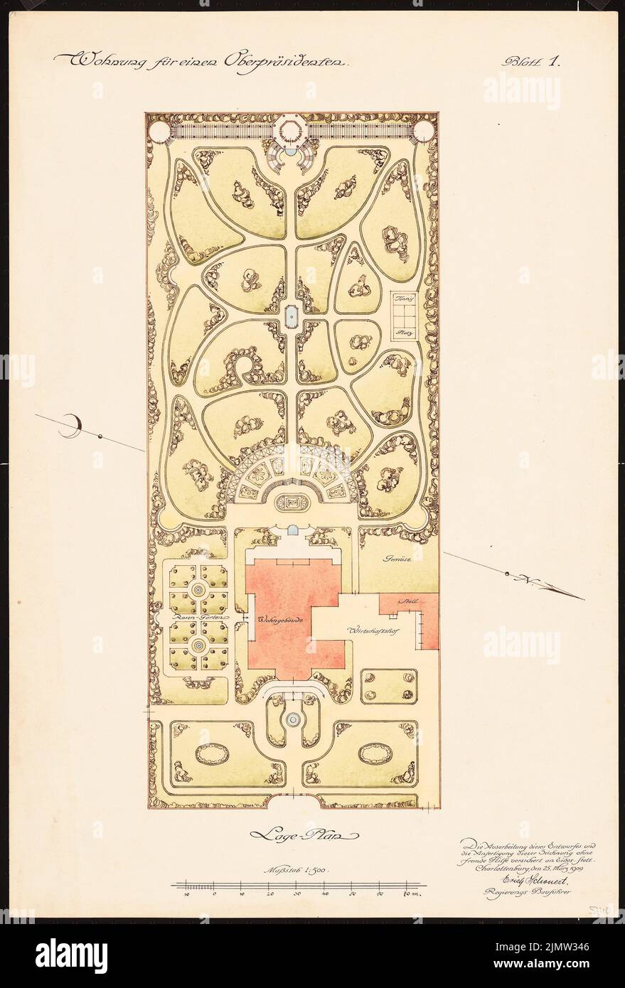 Schonert Erich, appartamento per un presidente (25 marzo 1909): Dipartimento 1: 500. Acquerello Tusche sulla scatola, 66,8 x 45,2 cm (compresi i bordi di scansione) Schonert Erich (geb. 1881): Wohnung für einen Oberpräsidenten Foto Stock