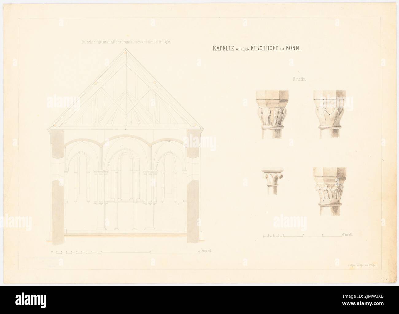 Vogel E., cappella del cimitero a Bonn-Ramersdorf (senza dat.): Dettagli del taglio e del capitolo. Acquerello Tusche sulla scatola, 37,8 x 52,7 cm (compresi i bordi di scansione) Vogel E. : Friedhofskapelle, Bonn-Ramersdorf Foto Stock