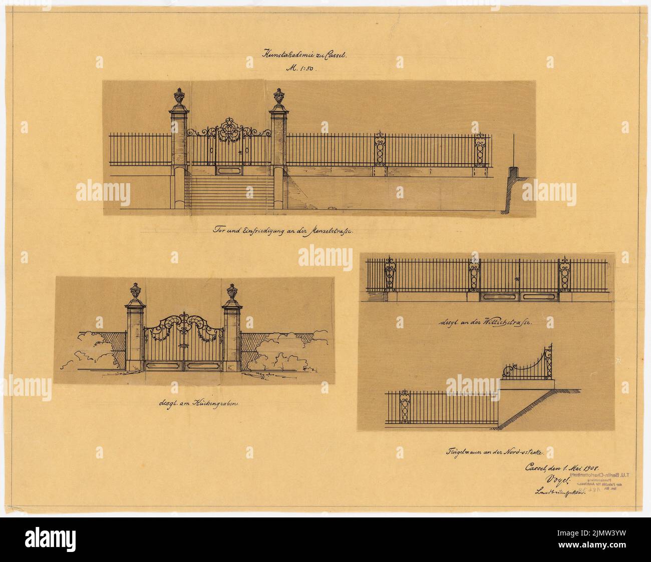 Bohnstedt Alfred (1854-1906), Accademia d'Arte a Kassel (1907): Gate and Environment in Menzelstrasse, Küchengraben, ala parete nord-est. Inchiostro, matita su trasparente, 45,6 x 57,3 cm (compresi i bordi di scansione) Bohnstedt Alfred (1854-1906): Kunstakademie, Kassel Foto Stock