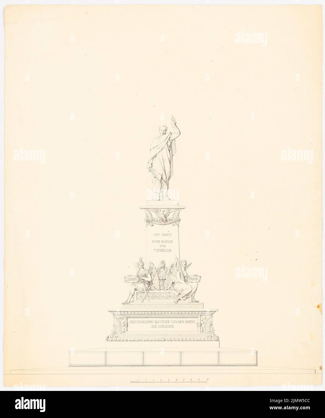 Langhans Carl Ferdinand (1782-1869), Statment della statua del blucher di Rauch a Breslavia (1827): Vista frontale. Inchiostro su carta, 50,3 x 41,9 cm (compresi i bordi di scansione) Langhans Carl Ferdinand (1782-1869): Postament von Rauchs Blücherstatue, Breslau Foto Stock