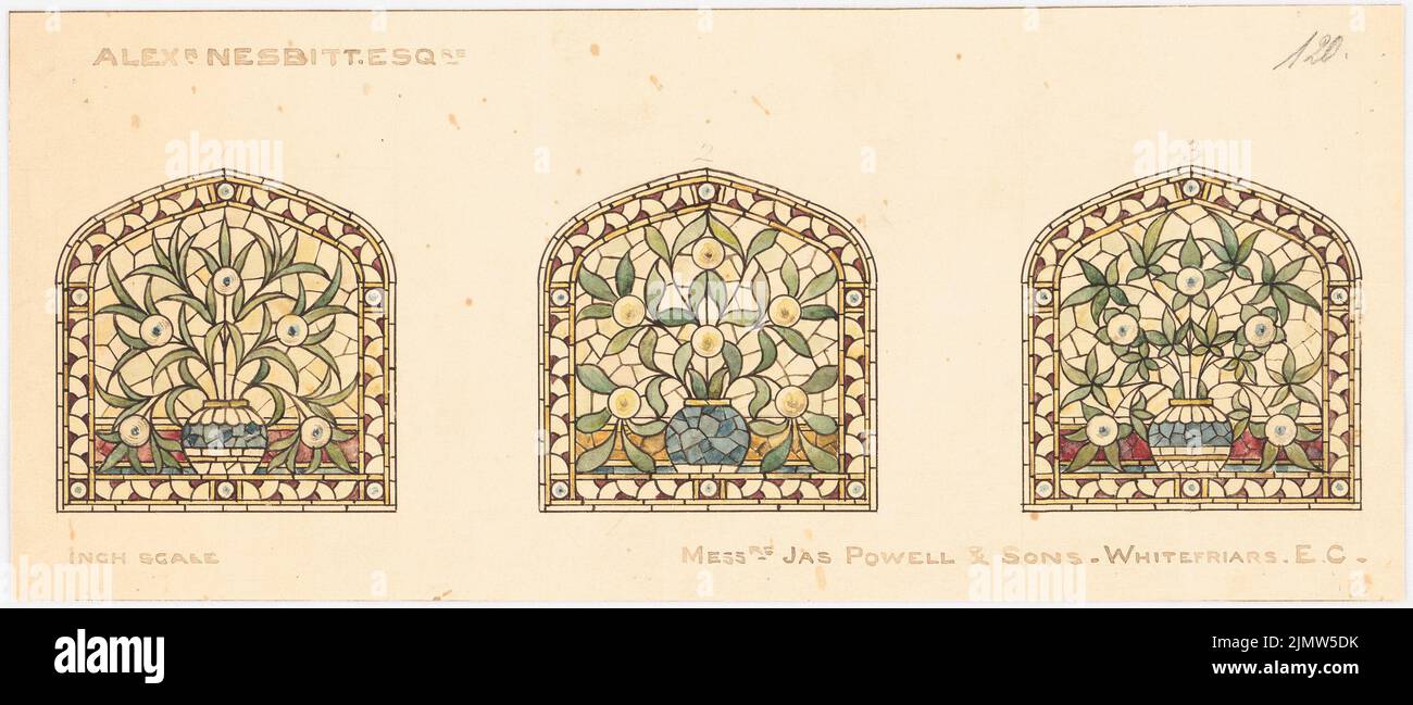 Powell James (1774-1840), tre finestre con vetrate (senza data): Vista. Acquerello Tusche su carta, 15,6 x 36,2 cm (compresi i bordi di scansione) Powell James (1774-1840): Drei Fenster mit Glasmalerei Foto Stock