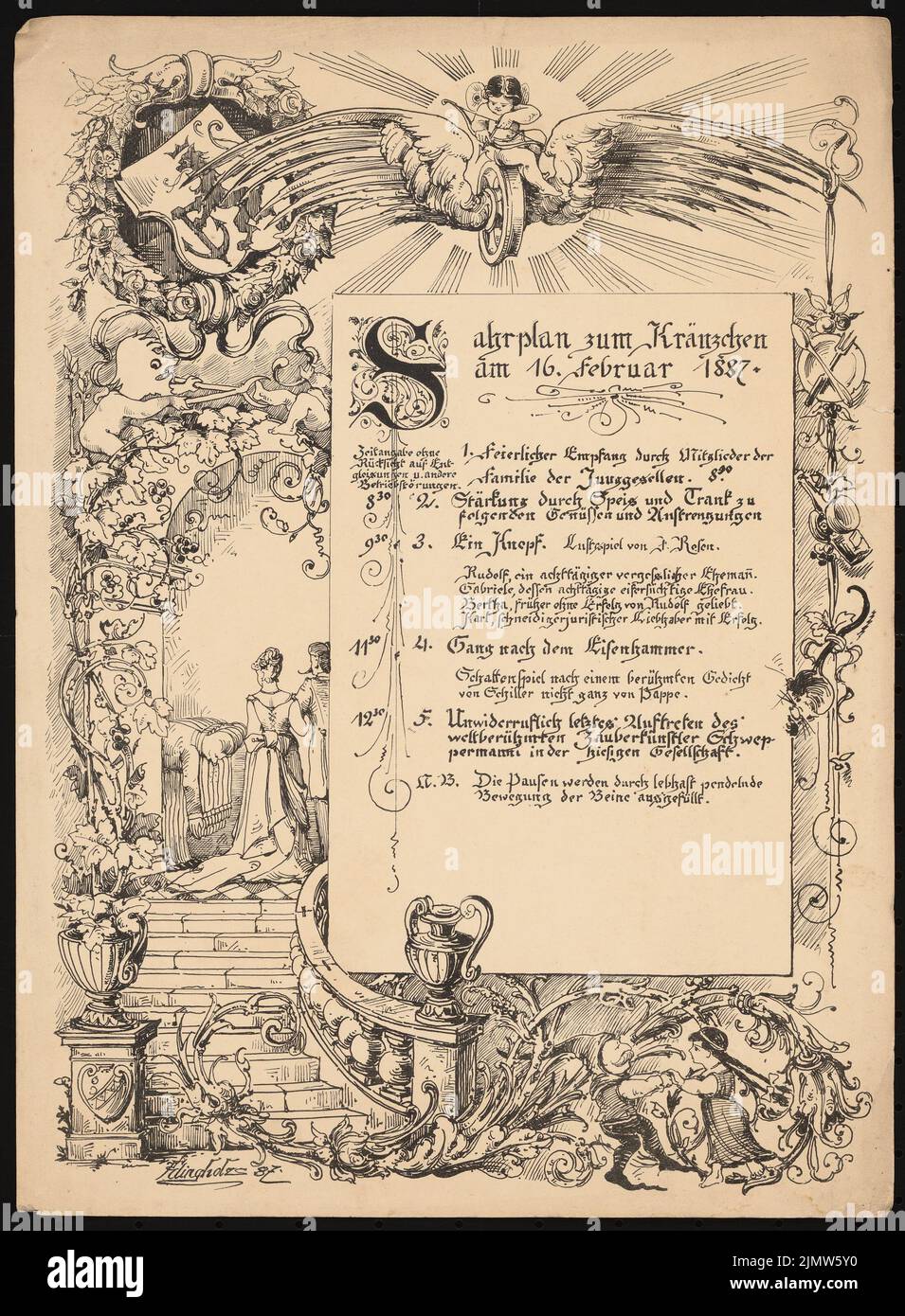 Klingholz Fritz (1861-1921), scheda da tavolo: Orario per un Kränzchen (16.02.1887): Viste e testo. Pressione su cartone, 37,1 x 27,3 cm (compresi i bordi di scansione) Klingholz Fritz (1861-1921): Tischkarte: Fahrplan zum Kränzchen Foto Stock