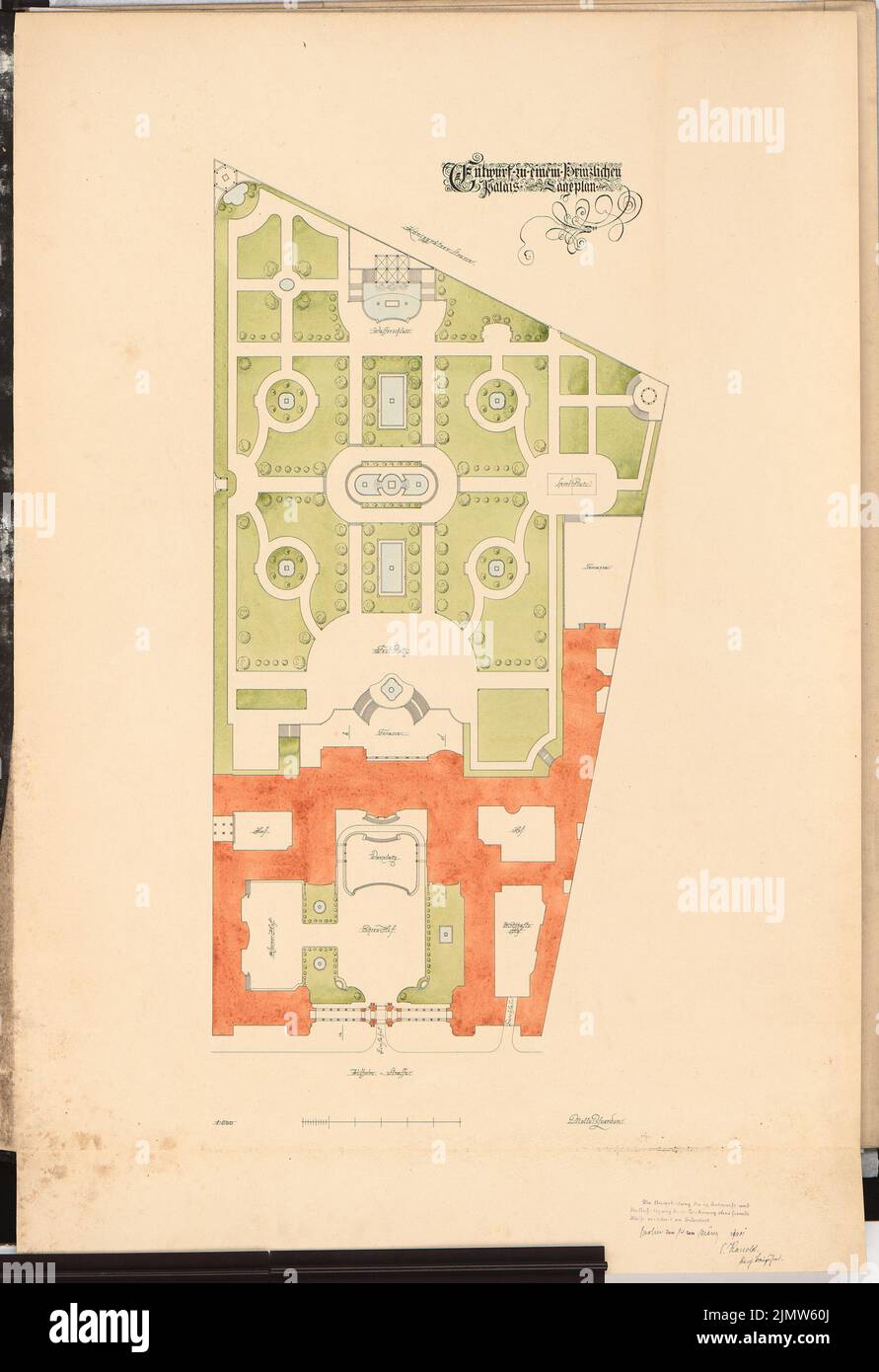 Kanold Paul (1874-1946), Palazzo del Principe a Berlino. Concorso Schinkel 1901 (14.03.1901): Pianta del sito 1: 500. Inchiostro colorato sulla scatola, 92,8 x 63,7 cm (compresi i bordi di scansione) Kanold Paul (1874-1946): Prinzliches Palais, Berlino. Schinkelwettbewerb 1901 Foto Stock