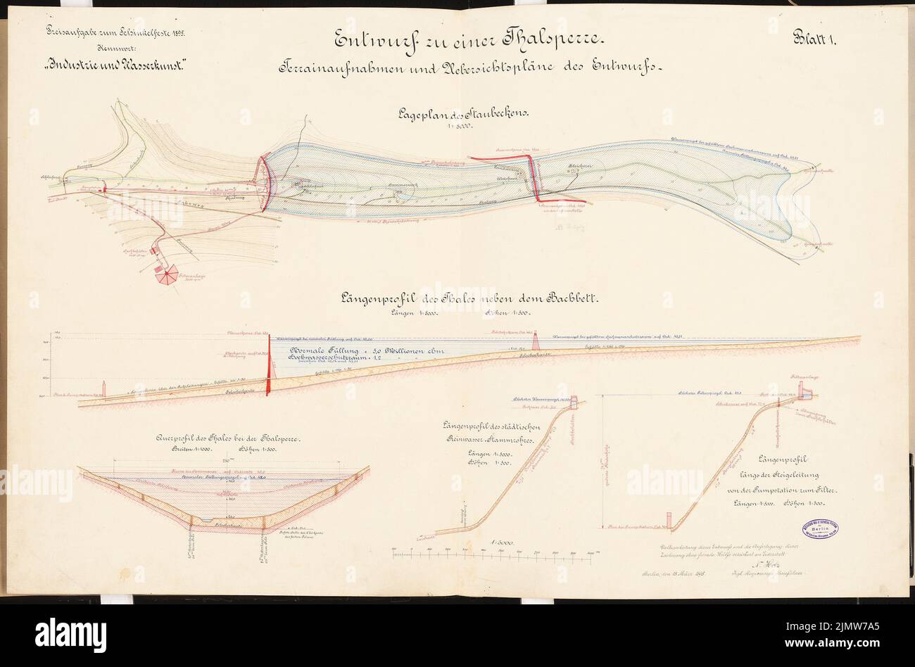 Legno Nicolaus, diga. Schinkel Competition 1895 (15.03.1895): Secondo piano 1: 5000, profili di lunghezza e profilo trasversale 1: 5000 (lunghezza), 1: 500 (altezza). Inchiostro colorato, acquerello su cartone, 66,5 x 100,8 cm (compresi i bordi di scansione) Holz Nicolaus : Talsperre. Schinkelwettbewerb 1895 Foto Stock