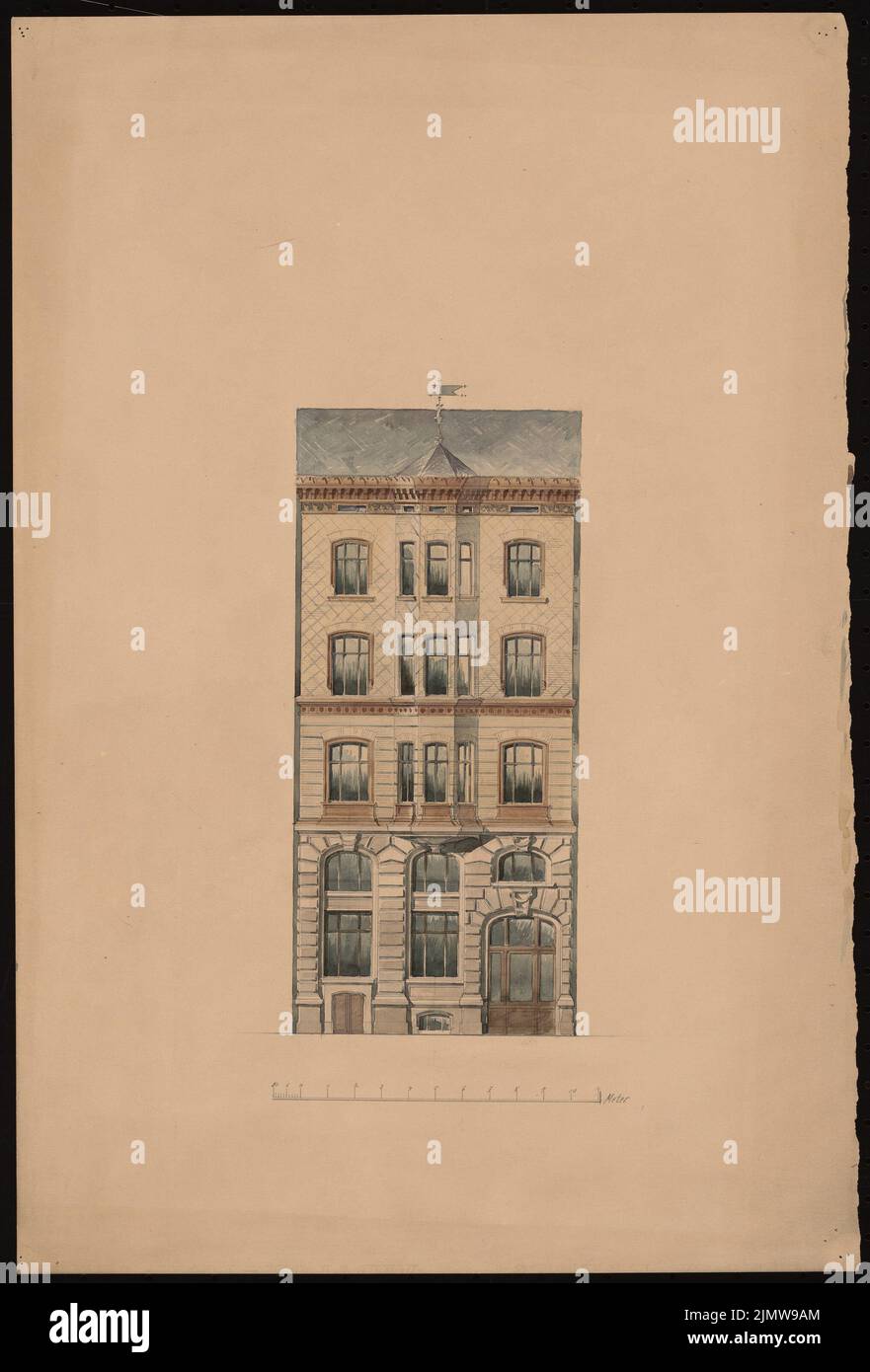 Gustav aglio (1833-1916), facciata di un edificio commerciale (senza data): Vista, scala bar. Acquerello Tusche sulla scatola, 47,3 x 32,1 cm (compresi i bordi di scansione) Knoblauch Gustav (1833-1916): Fassade eines Geschäftshauses Foto Stock