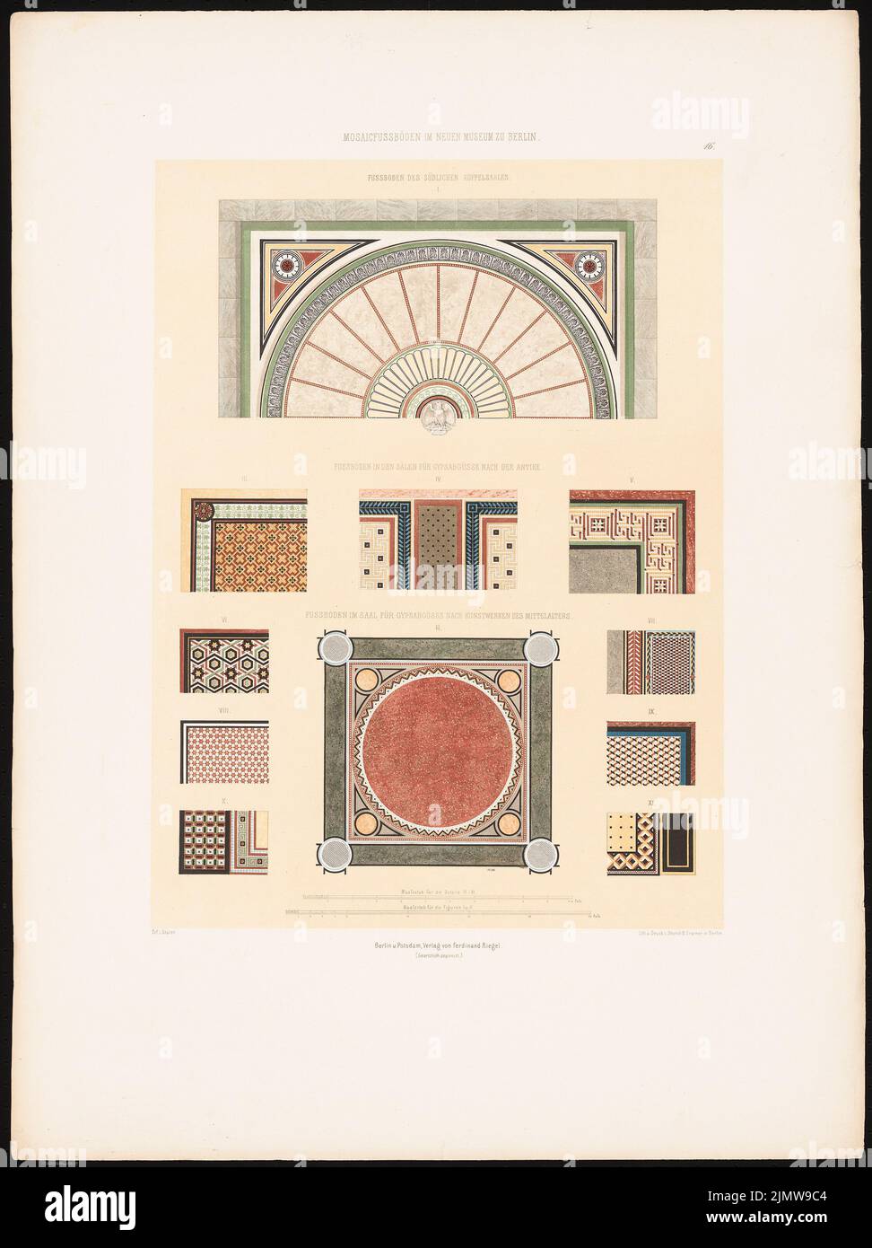 Stüler agosto (1800-1865), il nuovo Museo di Berlino di Stüler, Potsdam 1853 (1853): Tafel 16. Dettagli: Pavimenti a mosaico della cupola meridionale, le sale per calchi in gesso dopo calchi antichi e gesso secondo opere d'arte. Litografia colorata su carta, 73,2 x 54,8 cm (compresi i bordi di scansione) Stüler Friedrich agosto (1800-1865): Museo das Neue a Berlino von Stüler, Potsdam 1853 Foto Stock