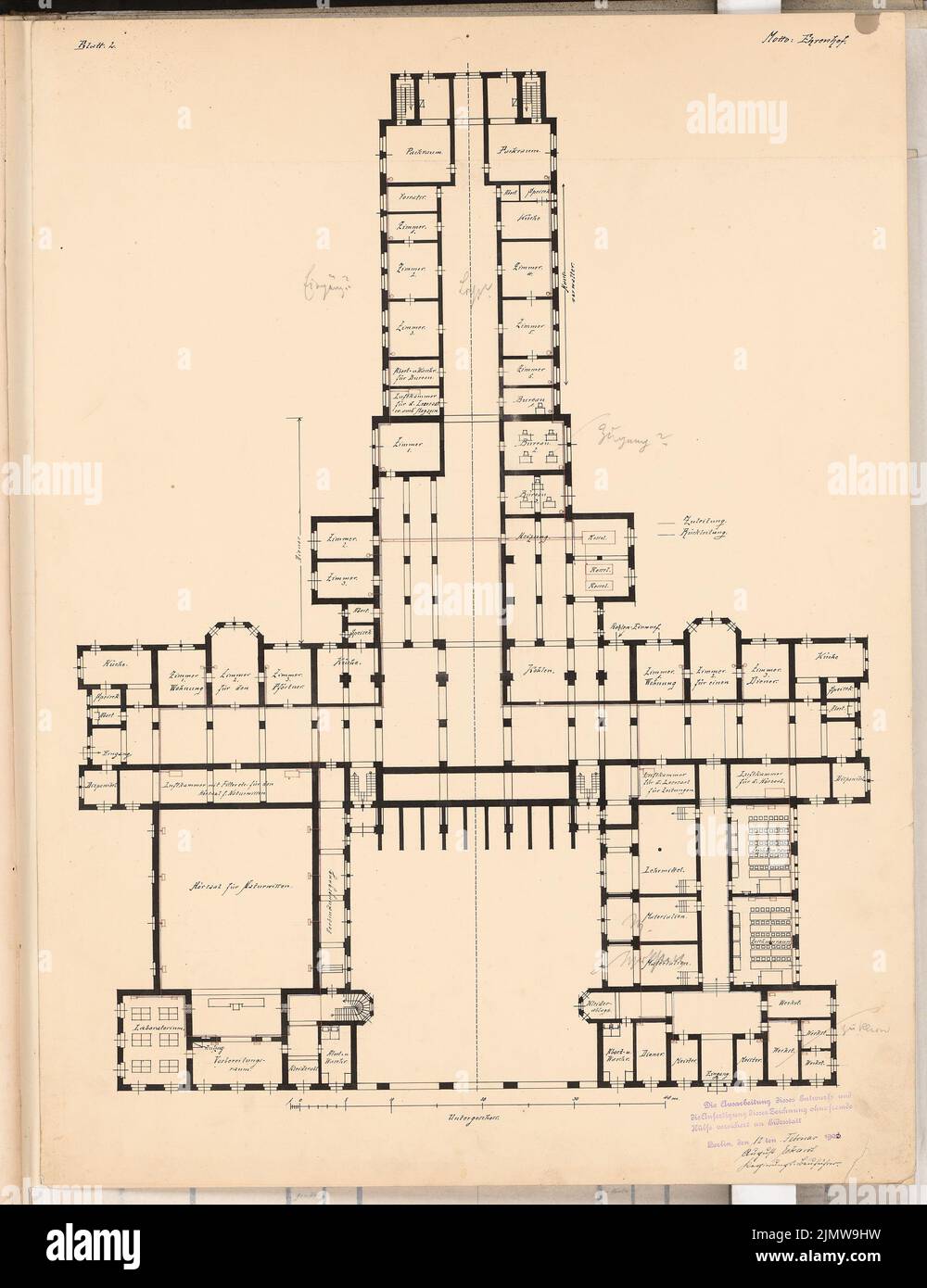 Eckardt agosto, Volksbibliothek. Concorso Schinkel 1902 (12.02.1903): Piano 1: 200. Matita sull'inchiostro, inchiostro colorato sulla scatola, 65,7 x 50,6 cm (compresi i bordi di scansione) Eckardt Agosto : Volksbibliothek. Schinkelwettbewerb 1902 Foto Stock