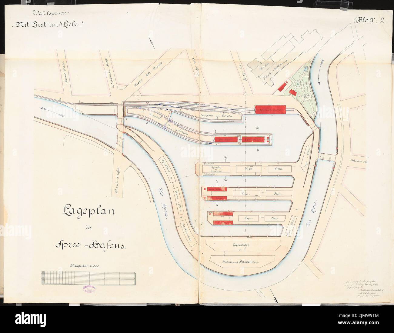 Uthemann Maximilian, struttura portuale con ferrovia portuale sull'Unterpree, Berlino. Schinkel concorso 1888: Spreehafen. Pianta del sito 1: 1000. Inchiostro, colore inchiostro, acquerello su cartone, 98,50 x 129,60 cm (compreso il bordo di scansione). Museo dell'architettura dell'Università tecnica di Berlino Inv. N. SW-i 1888,1-02. Uthemann Maximilian : Hafenanlage mit Hafenbahn an der Unterspree, Berlino. Schinkelwettbewerb 1888 Foto Stock