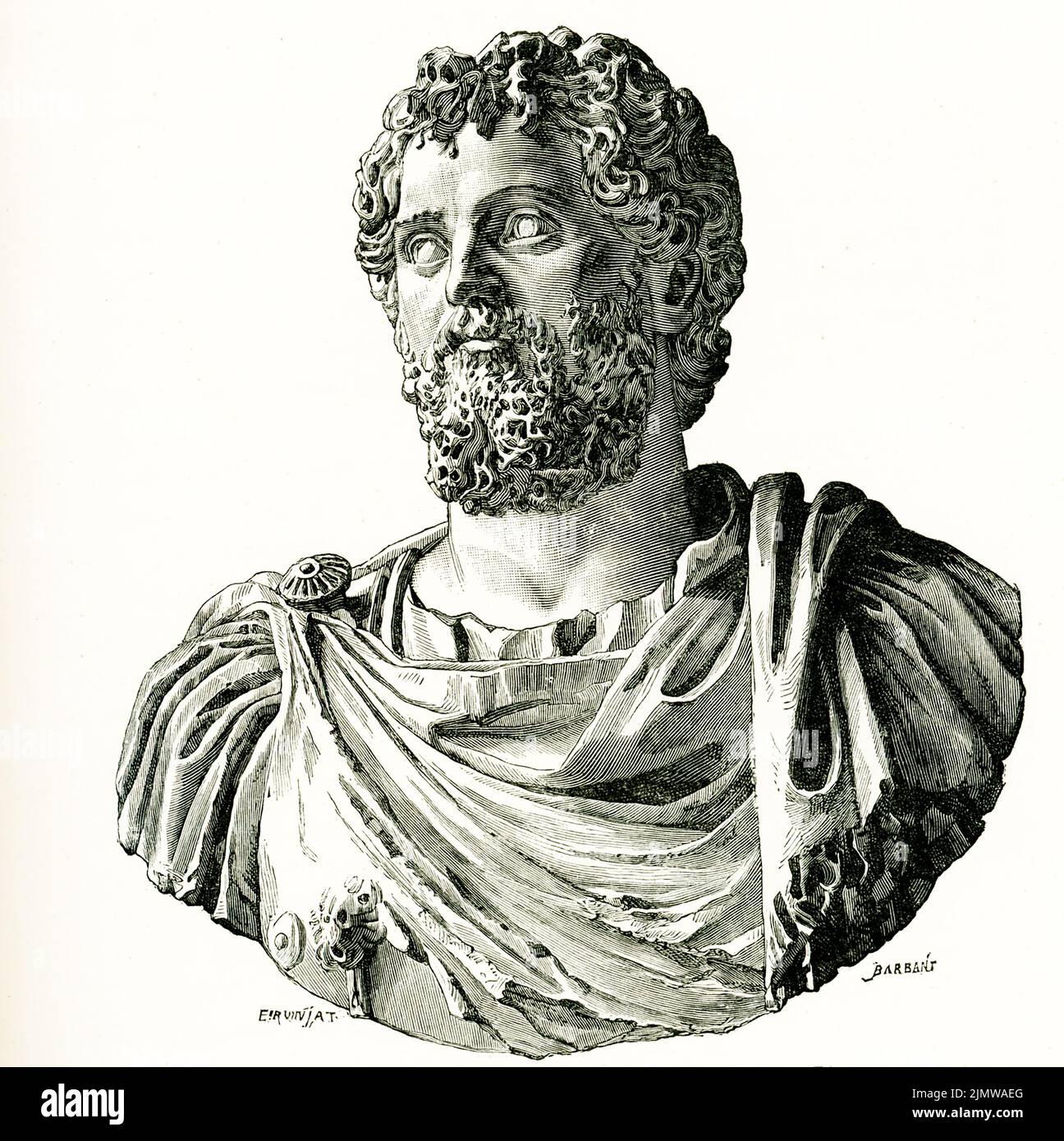 La didascalia del 1884 recita: 'Sptimius Severus Bust in Museum in Louvre.' Lucius Settimio Severo (145-211 d.C.) nacque in quella che ora è la Libia e divenne imperatore romano nel 193 d.C. dopo una spietata campagna contro i suoi rivali. Si alzò dalla relativa mediocrità per iniziare una nuova dinastia e il suo mandato come imperatore fu caratterizzato da usurpers combattenti e brutali campagne militari in Partia e in Gran Bretagna. Foto Stock