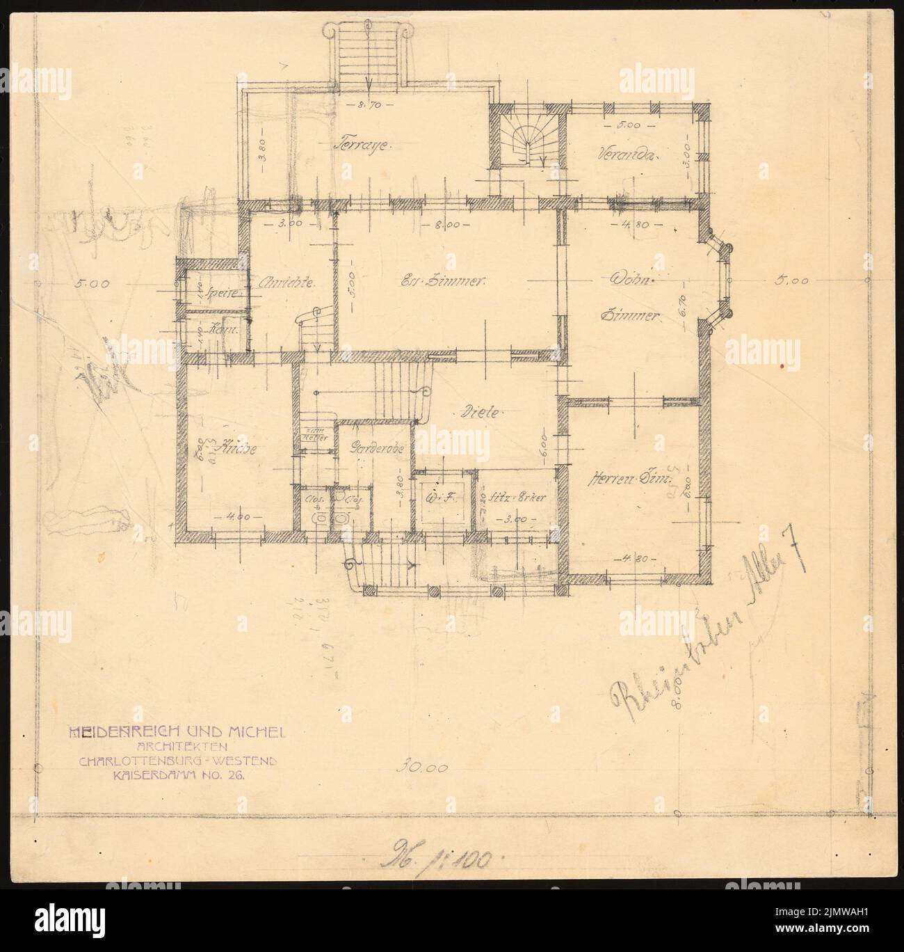 Michel Paul sen. (1877-1938), casa singola Rheinbabenallee 7, Berlino (1913): Pianta piano terra 1: 100. Matita su trasparente, 32,1 x 32,6 cm (inclusi i bordi di scansione) Michel Paul sen. (1877-1938): Einfamilienhaus Rheinbabenallee 7, Berlino Foto Stock