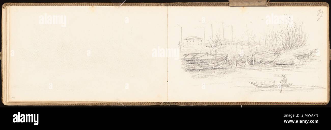 Michel Paul sen. (1877-1938), schizzbook. 1895-1896. Disegni dello studente di scuola superiore di Halle/Saale (1895-1895): Paesaggio fluviale con barche, vogatori, in background di industria, vista prospettica. Matita su carta, 13 x 39,9 cm (compresi i bordi di scansione) Michel Paul sen. (1877-1938): Skizzenbuch. 1895-1896. Zeichnungen des Oberschülers aus Halle/Saale Foto Stock