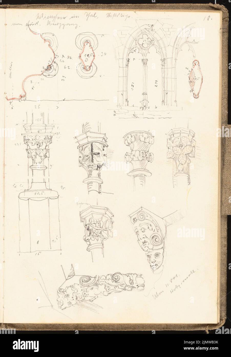 Michel Paul sen. (1877-1938), schizzbook. 1901 (06.08.1901): Chiesa abbaziale a Wimpfen nella valle: Finestra, capitelli, scultura edilizia nel chiostro, viste, viste prospettiche. Matita, matita colorata su carta, 24,3 x 16,9 cm (compresi i bordi di scansione) Michel Paul sen. (1877-1938): Skizzenbuch. 1901 Foto Stock