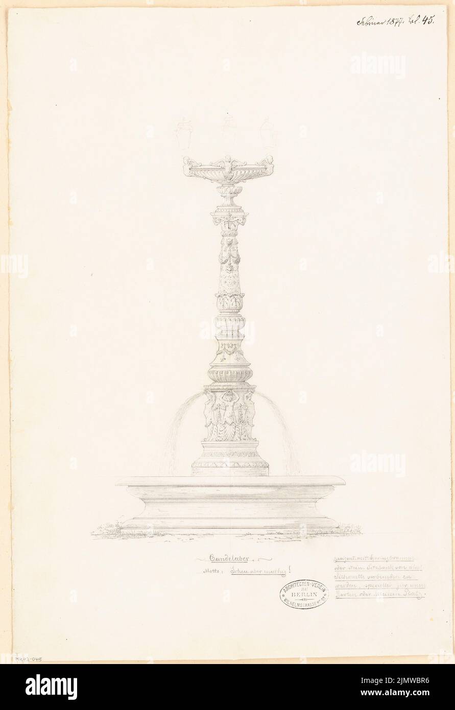 Sconosciuto architetto, ghisa Kandelaber. Concorso mensile Febbraio 1877 (02,1877): Visualizza; testo esplicativo. Matita su carta, 51,9 x 35,6 cm (compresi i bordi di scansione) N. : Gusseiserner Kandelaber. Monatskonkurrenz Febbraio 1877 Foto Stock