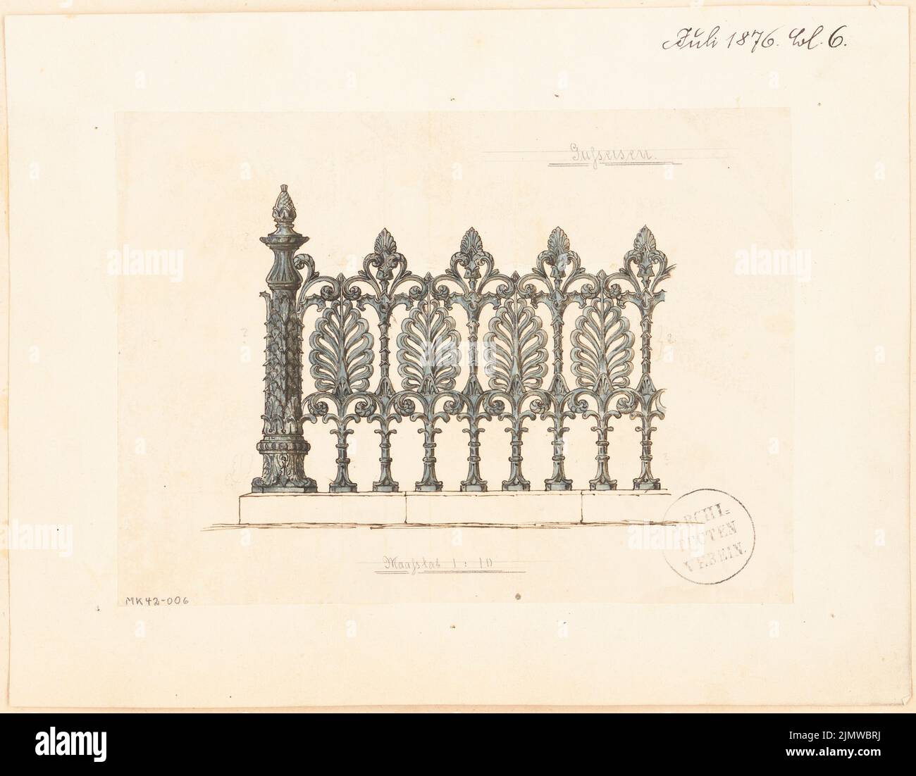 Architetto sconosciuto, griglia in ghisa. Concorso mensile Luglio 1876 (07,1876): Visualizzazione 1:10. Acquerello Tusche su carta, 24,7 x 31,7 cm (compresi i bordi di scansione) N. : Gusseisernes Gitter. Monatskonkurrenz Juli 1876 Foto Stock