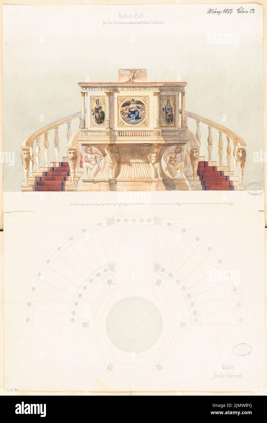 Architetto sconosciuto, muro della cattedrale di un istituto scientifico. Concorso mensile Marzo 1877 (03,1877): Pianta del pavimento e profilo (vista frontale) del catetere (1:10). Acquerello Tusche su carta, 73,6 x 49,7 cm (compresi i bordi di scansione) N. : Kathederwand eines wissenschaftlichen Istituti. Monatskonkurrenz März 1877 Foto Stock