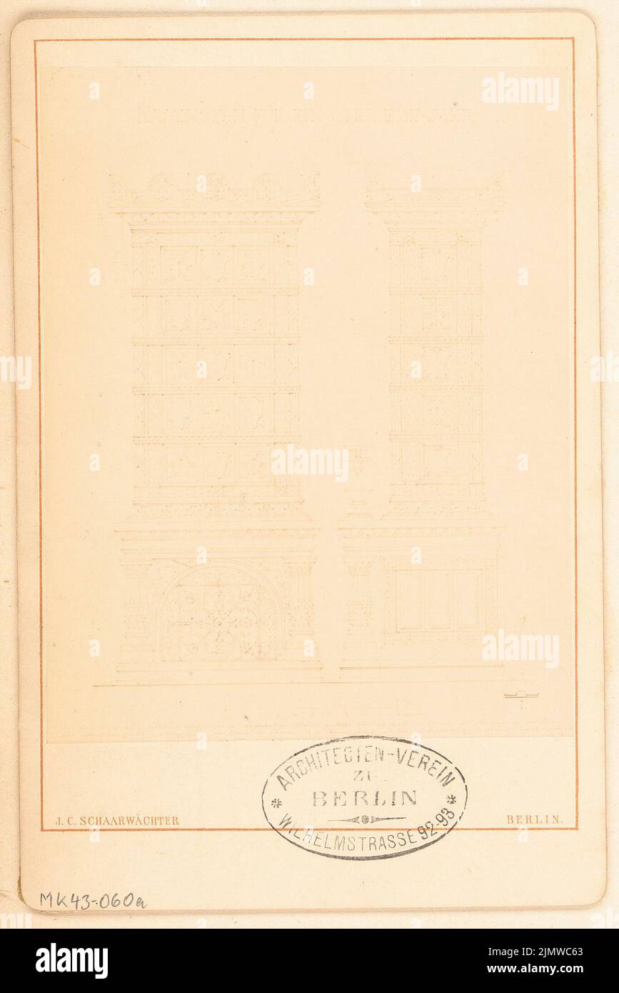 Hartung Adolf (1850-1910), stufe piastrellate per cinque diversi salotti. Concorso mensile Maggio 1877 (05,1877): Forno per un salone in vista frontale e laterale. Foto su carta, 17,3 x 11,6 cm (compresi i bordi di scansione) Hartung Adolf (1850-1910): Kachelöfen für fünf verschiedene wohnräume. Monatskonkurrenz mai 1877 Foto Stock