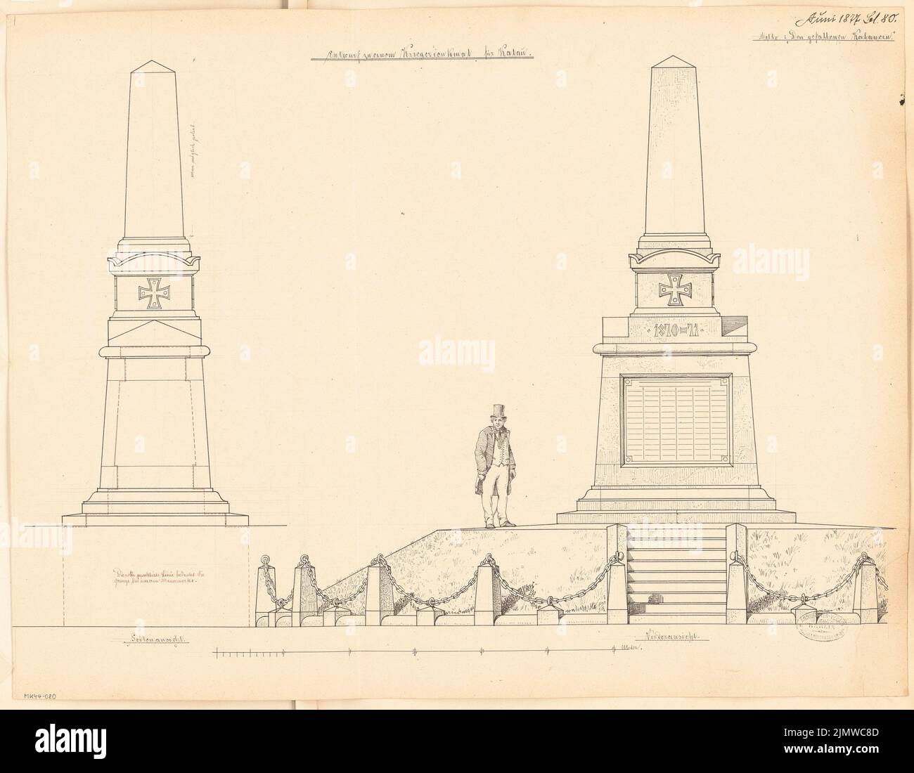 Sconosciuto architetto, un monumento caduto a Calau. Concorso mensile 1877 giugno (06,1877): Vista frontale RISS, sezione trasversale; barra di scala. Inchiostro su cartone, 53,4 x 68,8 cm (inclusi i bordi di scansione) N. : Gefallenendenkmal, Calau. Monatskonkurrenz Juni 1877 Foto Stock