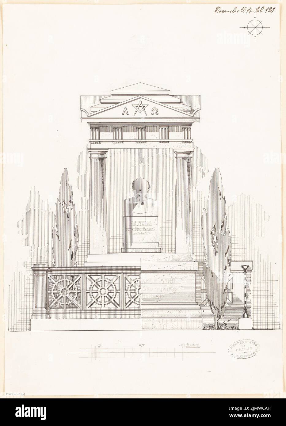 Architetto sconosciuto, monumento tomba per il Consigliere Privy Koch a Thale. Concorso mensile Novembre 1877 (11,1877): Entrambi i disegni in vista frontale. Inchiostro su carta, integrato con matita, 47,8 x 34,3 cm (compresi i bordi di scansione) N. : Grabdenkmal für Geheimrat Koch, Thale. Monatskonkurrenz Novembre 1877 Foto Stock