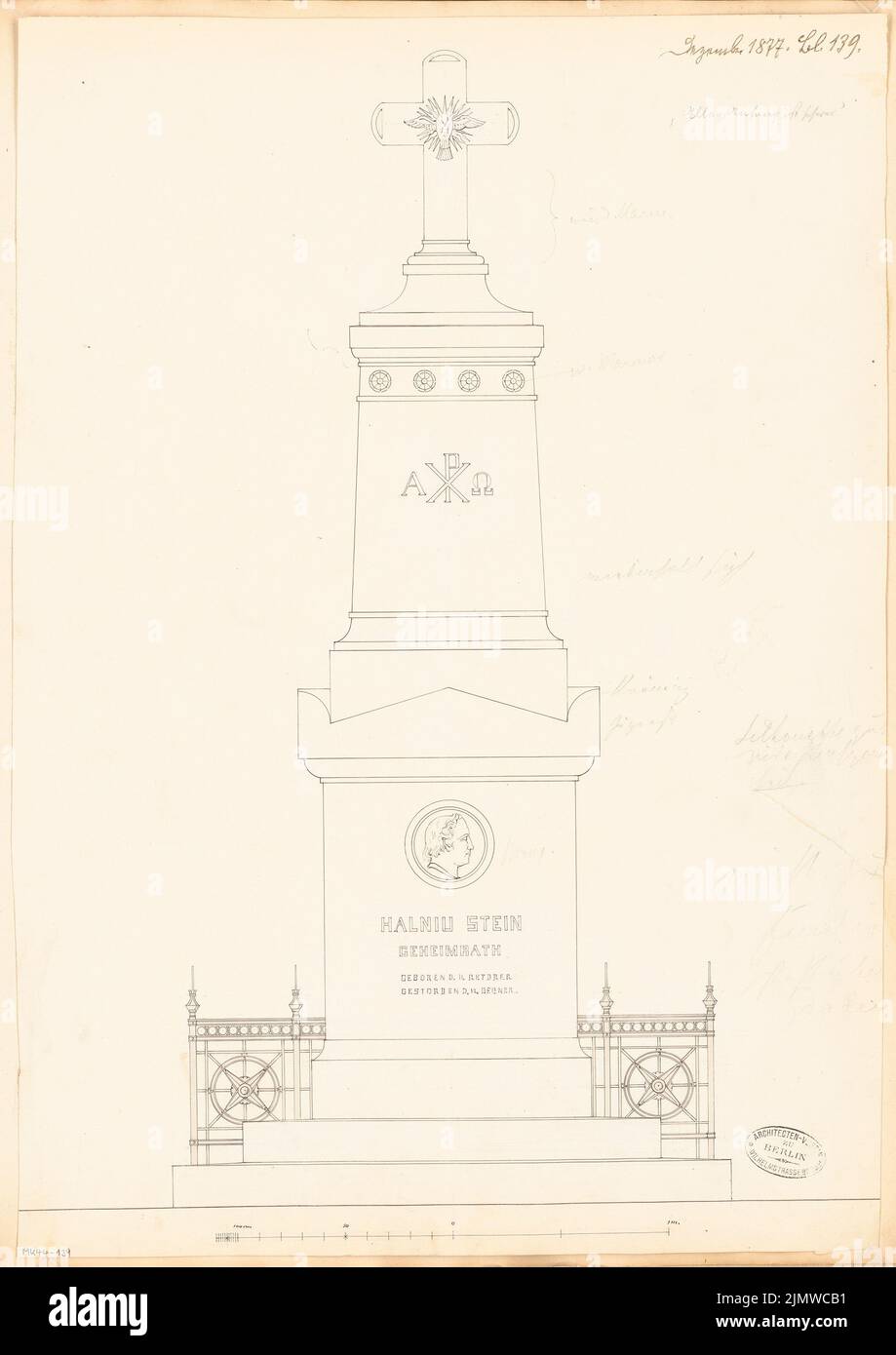 Architetto sconosciuto, monumento tomba del Consigliere Privy Stein a Stettin. Concorso mensile Dicembre 1877 (12,1877): Vista frontale RISS; barra di scala. Acquerello Tusche sulla scatola, 58,7 x 41,5 cm (compresi i bordi di scansione) N. : Grabdenkmal für Geheimrat Stein, Stettin. Monatskonkurrenz Dezember 1877 Foto Stock