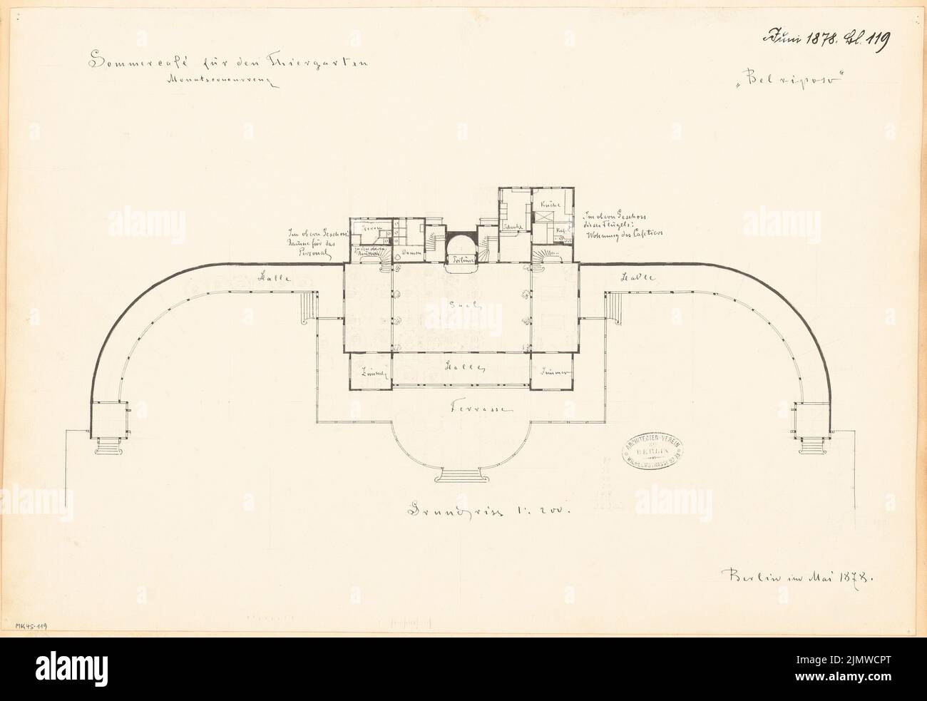 Sconosciuto architetto, caffè estivo nel Tiergarten di Berlino (padiglione). Concorso mensile Giugno 1878 (06,1878): Piano 1: 200. Inchiostro e matita su cartone, 39,3 x 57,1 cm (compresi i bordi di scansione) N. : Sommercafé (Pavillon) im Tiergarten, Berlino. Monatskonkurrenz Juni 1878 Foto Stock