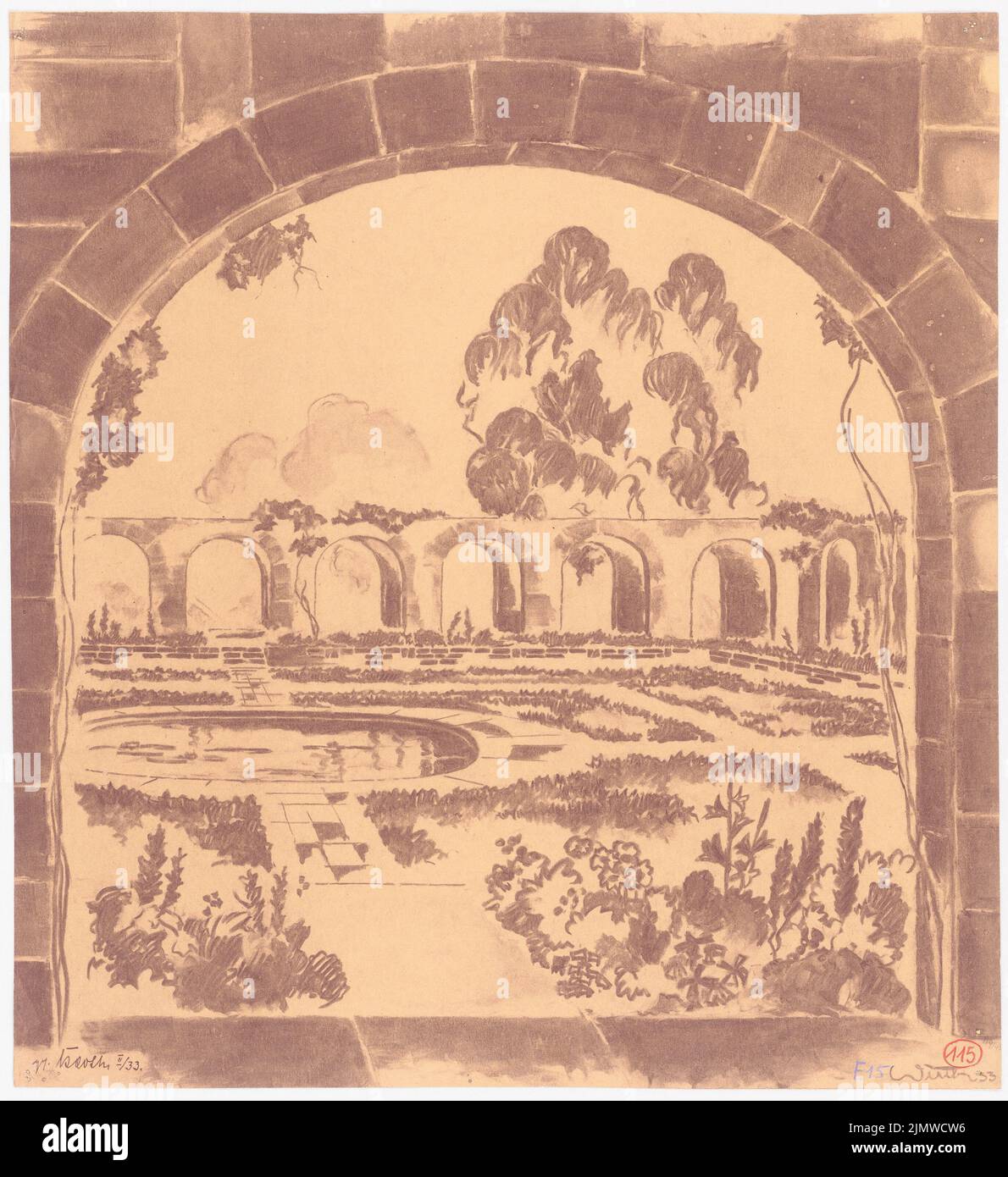 N.N., disegni giardino, raccolta materiale didattico, lavori di studio (senza data): Contenuto piano N.N. rilevato. Materiale/tecnologia N.N. registrato, 49,9 x 45,7 cm (compresi i bordi di scansione) Wirth Ernst (gest. 1942): Stadtplatz Foto Stock