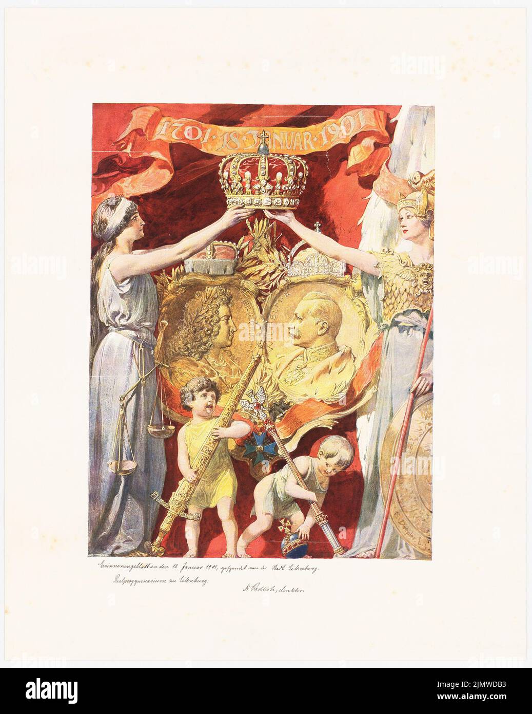 Doepler E., scheda memoria del 18 gennaio 1901 (01/18/1901): Friedrich I. e Wilhelm II nella vista laterale l'uno di fronte all'altro in oro (?) Medaglioni, destra (Athene con scudo) e sinistra (Justizia con Bilancia). Inchiostro sopra pressione colorato sulla scatola, 60,6 x 48,3 cm (compresi i bordi di scansione) Doepler E. : Erinnerungsblatt an den 18. Gennaio 1901 Foto Stock