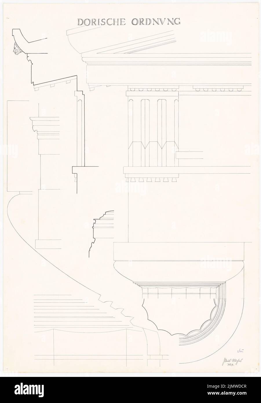 Michel Paul jun. (1922-1943), Pillar Doric Order (ca 1941): Lacrime parziali, dettagli, ecc. Triglyphe, Geison, Sima con Wasser Spier, Architrov con un capitolo. Inchiostro, matita su cartone, 74,8 x 51,9 cm (compresi i bordi di scansione) Michel Paul jun. (1922-1943): Säule dorischer Ordnung Foto Stock