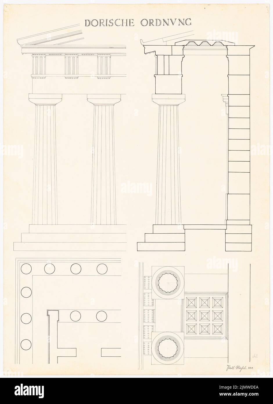 Michel Paul jun. (1922-1943), Pillar Doric Order (1941): Contenuto come N. fatt 42417: Risorto di due colonne di ordine dorico con un capitolo, architrov, triglyphe ecc., (cassetta) soffitto in vista, pianta, inchiostro di S. e matita su cartone, 72,1 x 52,2 cm (incl Scansione bordi) Michel Paul jun. (1922-1943): Säule dorischer Ordnung Foto Stock