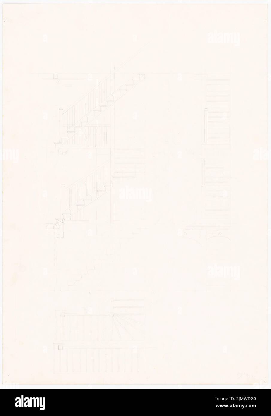 Michel Paul jun. (1922-1943), disegni costruttivi. Scale (ca 1941): Vista, scala a pianta parziale, ringhiera, taglio,. Matita su cartone, 74,7 x 52,1 cm (compresi i bordi di scansione) Michel Paul jun. (1922-1943): Baukonstruktive Zeichnungen. Treppe Foto Stock